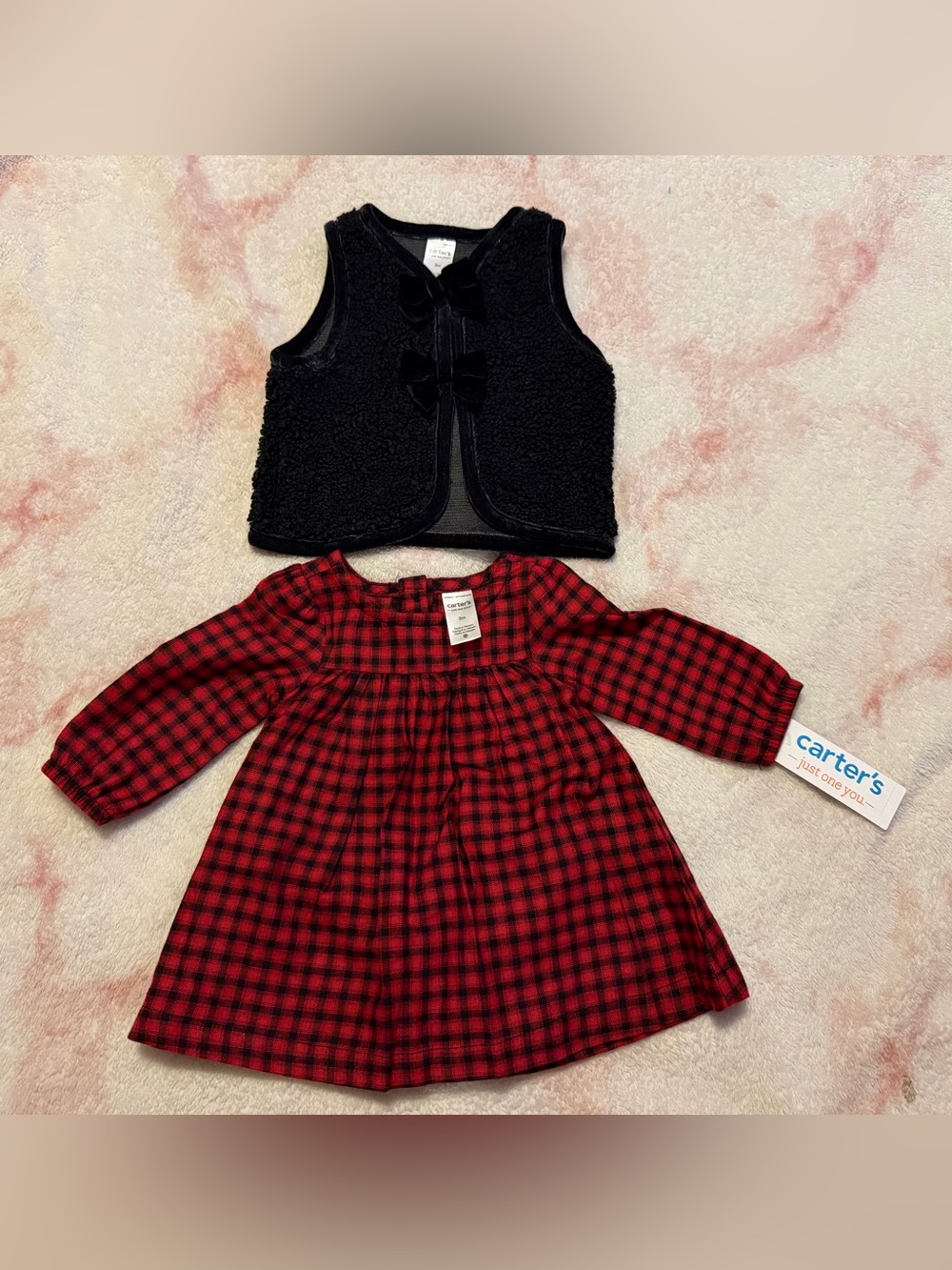 Carter's Red and Black Buffalo Plaid Dress with Black Bow Vest size 3Months